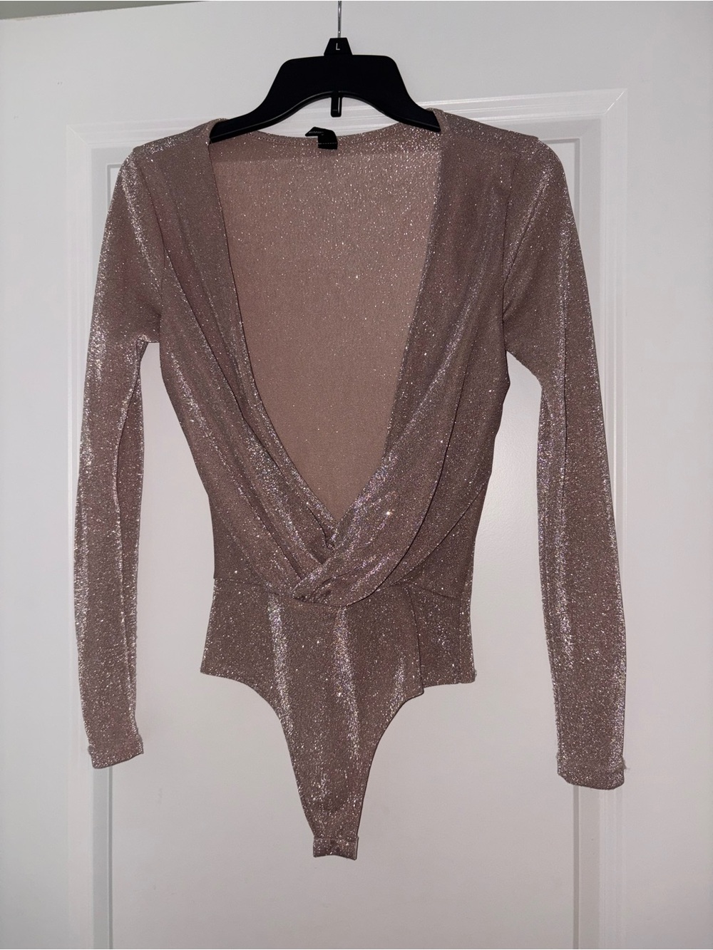 Windsor Sparkle Deep V Surplice Long-Sleeve Bodysuit - Dusty Rose
